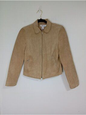 Real Clothes Petite Womens Tan Suede Leather Jacket With Zipper & Pockets Size S